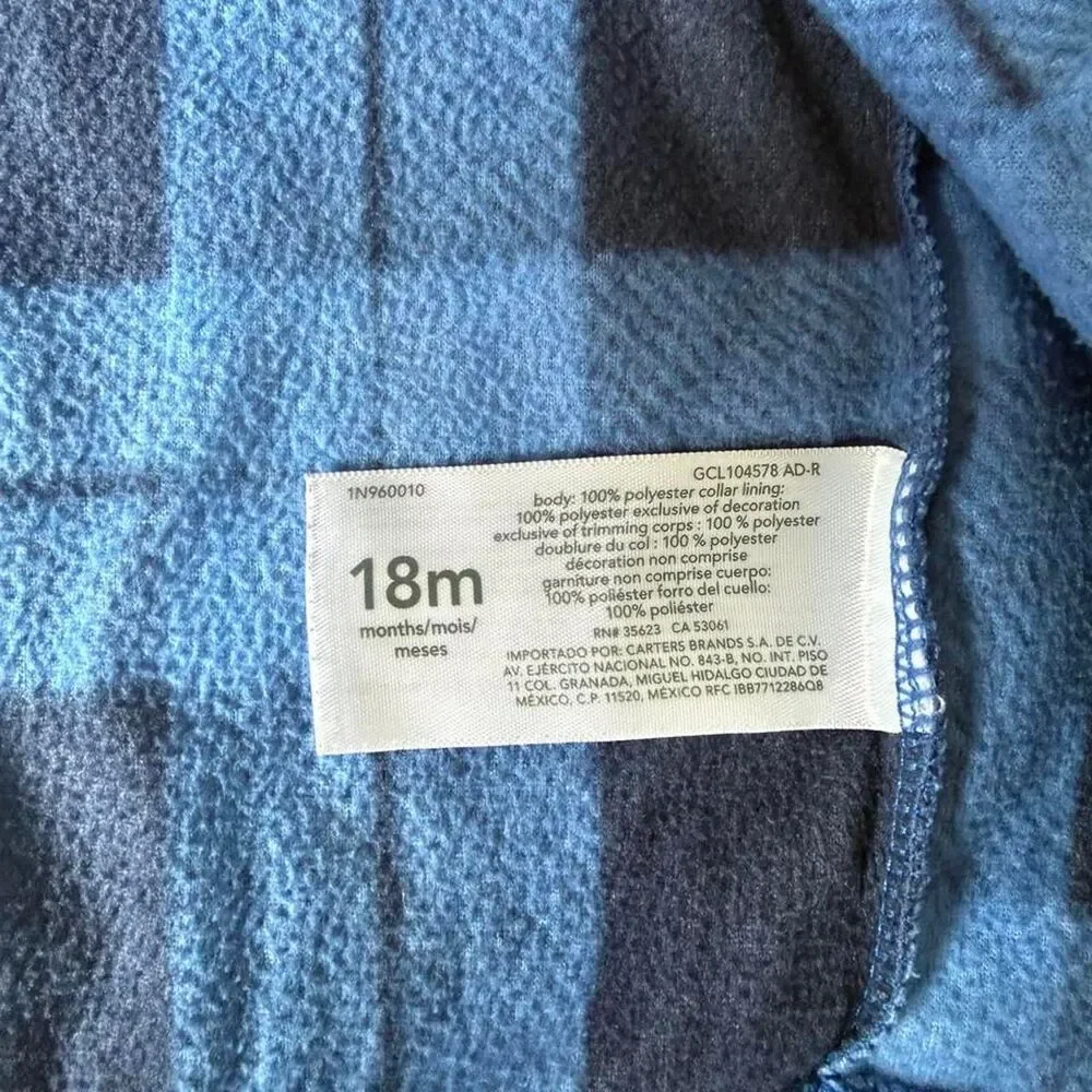 Carter’s Baby Fleece Vest Blue Buffalo Plaid Sherpa Collar Zip-Up Size 18M